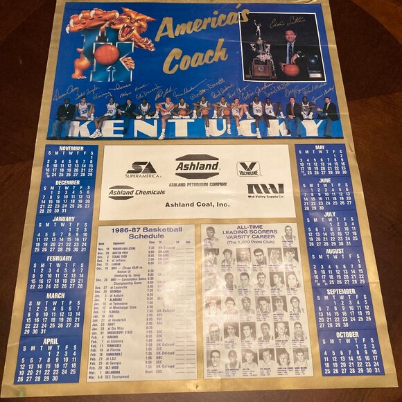 RARE Vintage 86-87 UK Wildcat Basketball Schedule Calendar Ashland Petroleum Ads - Picture 1 of 16